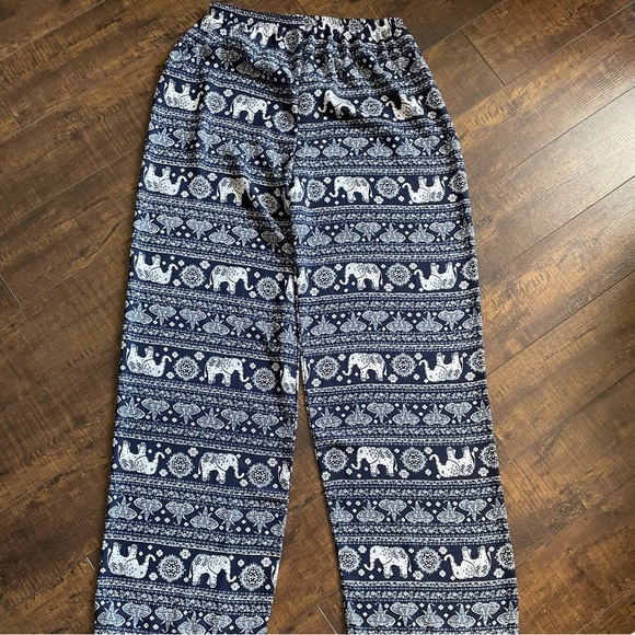 A’GACI Women’s Large Navy & White Ethnic Elephants Wide Leg Boho Hippie Pants - Picture 9 of 11